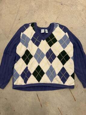 Vintage IZOD Ladies XL Argyle V-Neck Knit Sweater Blue Green White 100% Cotton